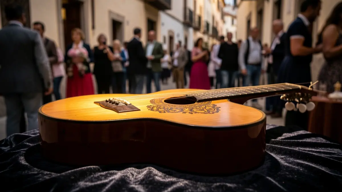 Primer plano de una guitarra flamenca sobre tela de terciopelo oscuro, con luz cálida.