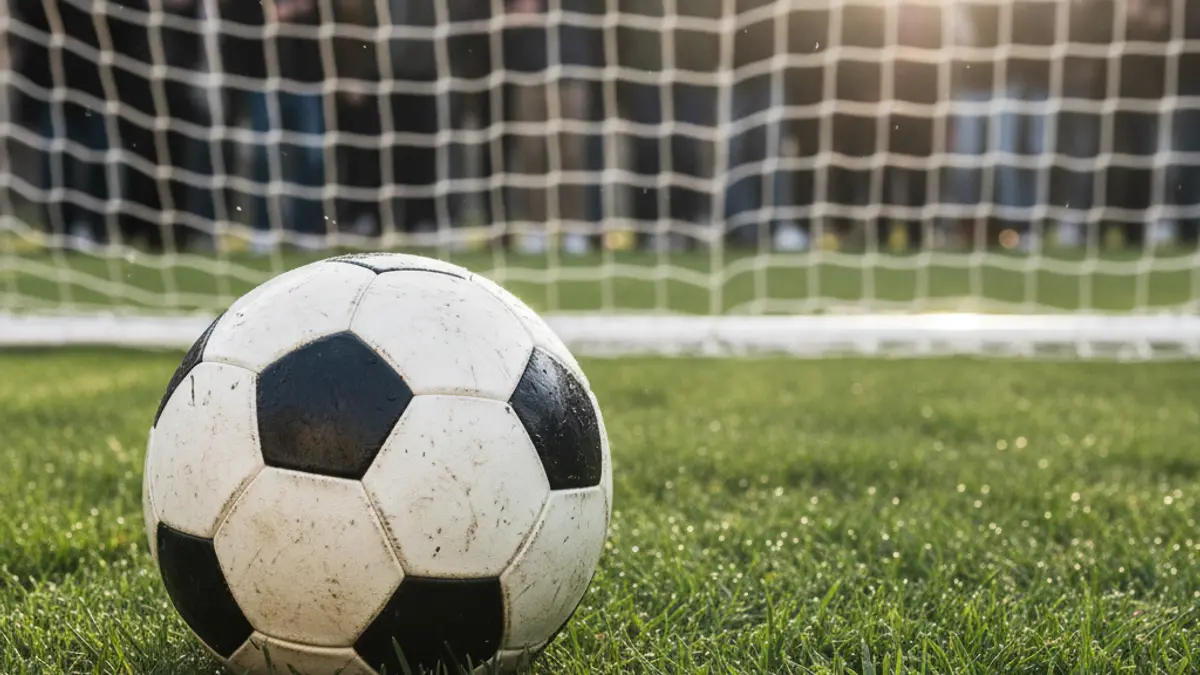 Generic image of a soccer ball on grass, with a blurred goal in the background.
