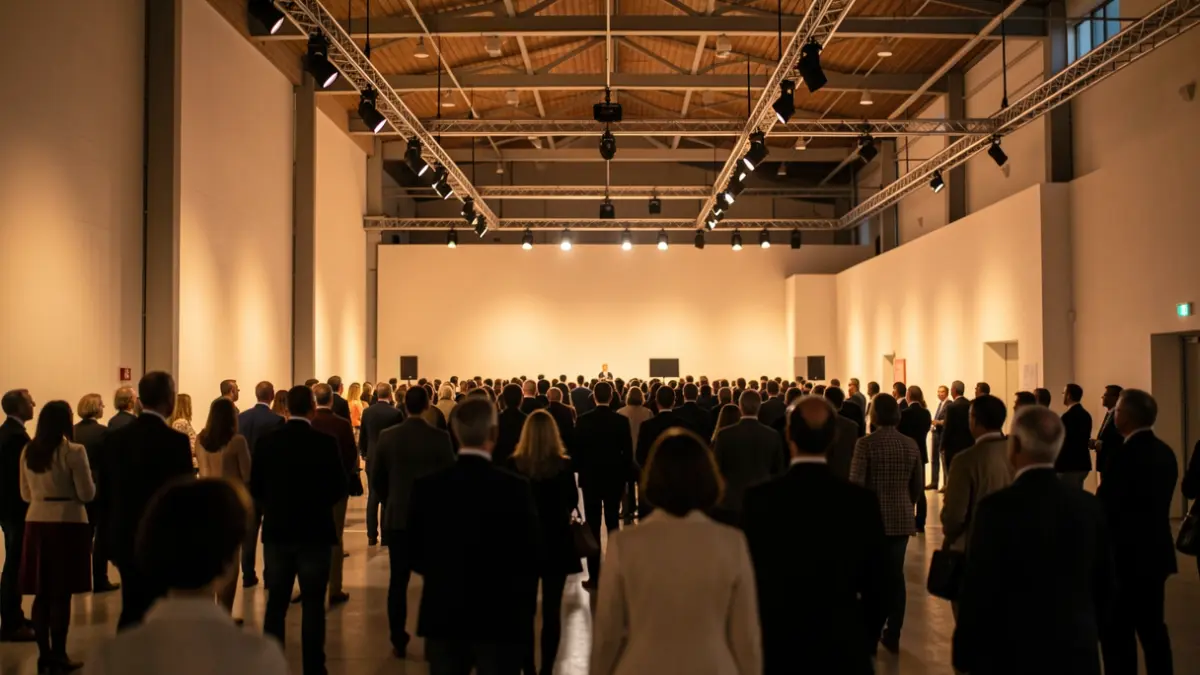 Stage of a cultural event with professional lighting in an exhibition center.