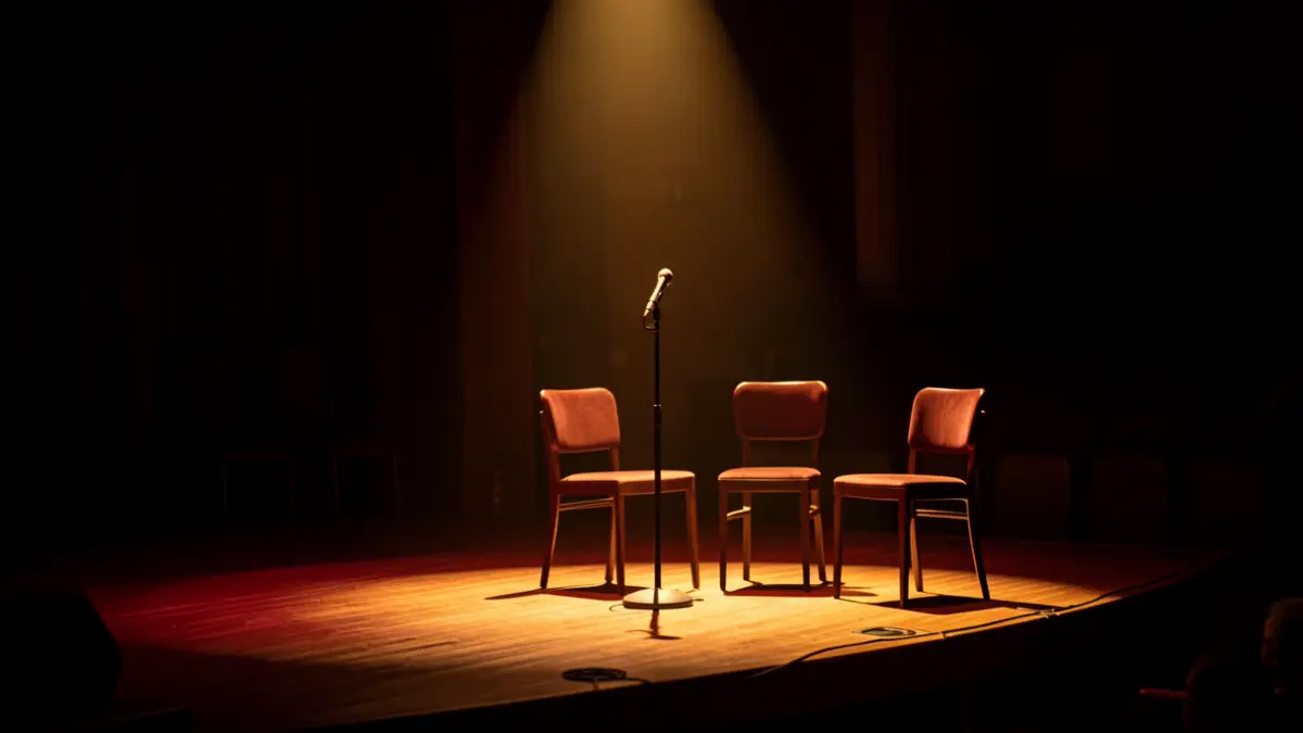 Generic image of a theatre stage with a microphone and chairs.