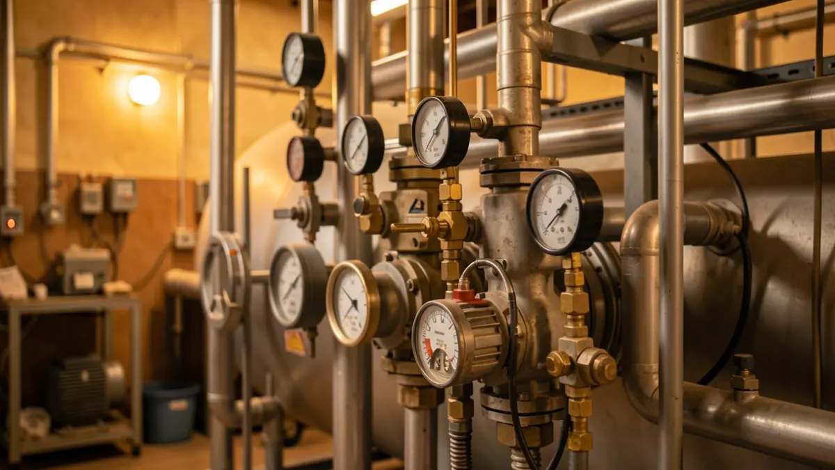 Close-up of industrial refrigeration machinery with pipes and gauges, Andalucía industrial aesthetic.