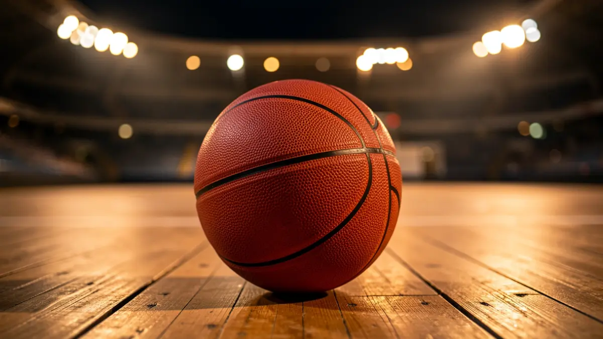 Close-up of a basketball on a wooden court, with blurred stadium lights in the background.