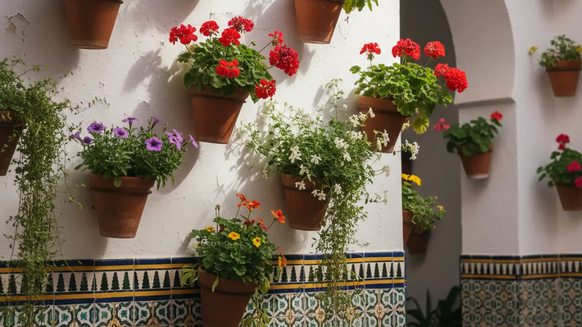 Image of a traditional Córdoba patio adorned with potted plants and flowers.