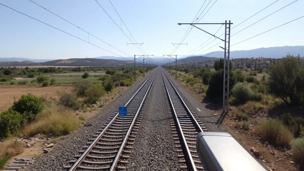 High-speed train tracks in an Andalusian landscape, with electrification lines.