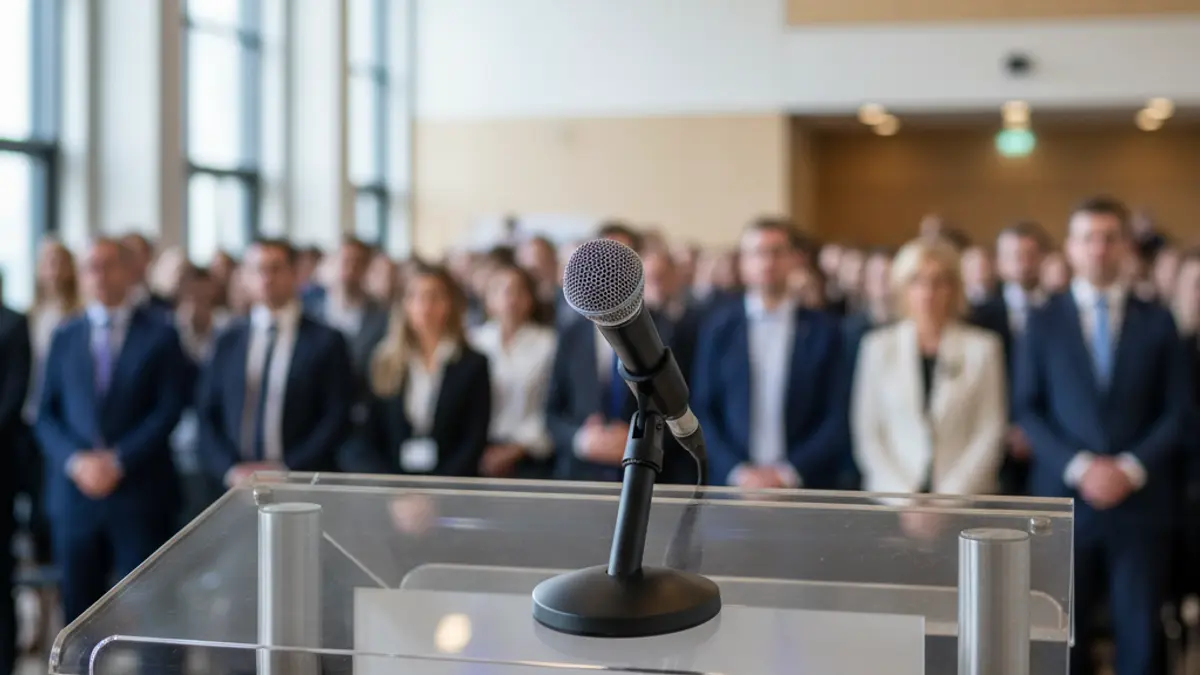 Generic image of a microphone on a podium, symbolizing a political announcement or press conference.