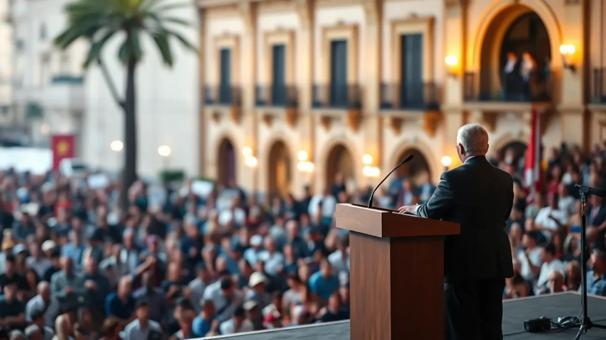 Generic image of a political rally with a podium and a blurred crowd.