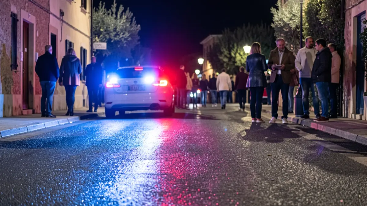 Imagen genérica de luces de emergencia policiales reflejadas en el asfalto durante la noche.