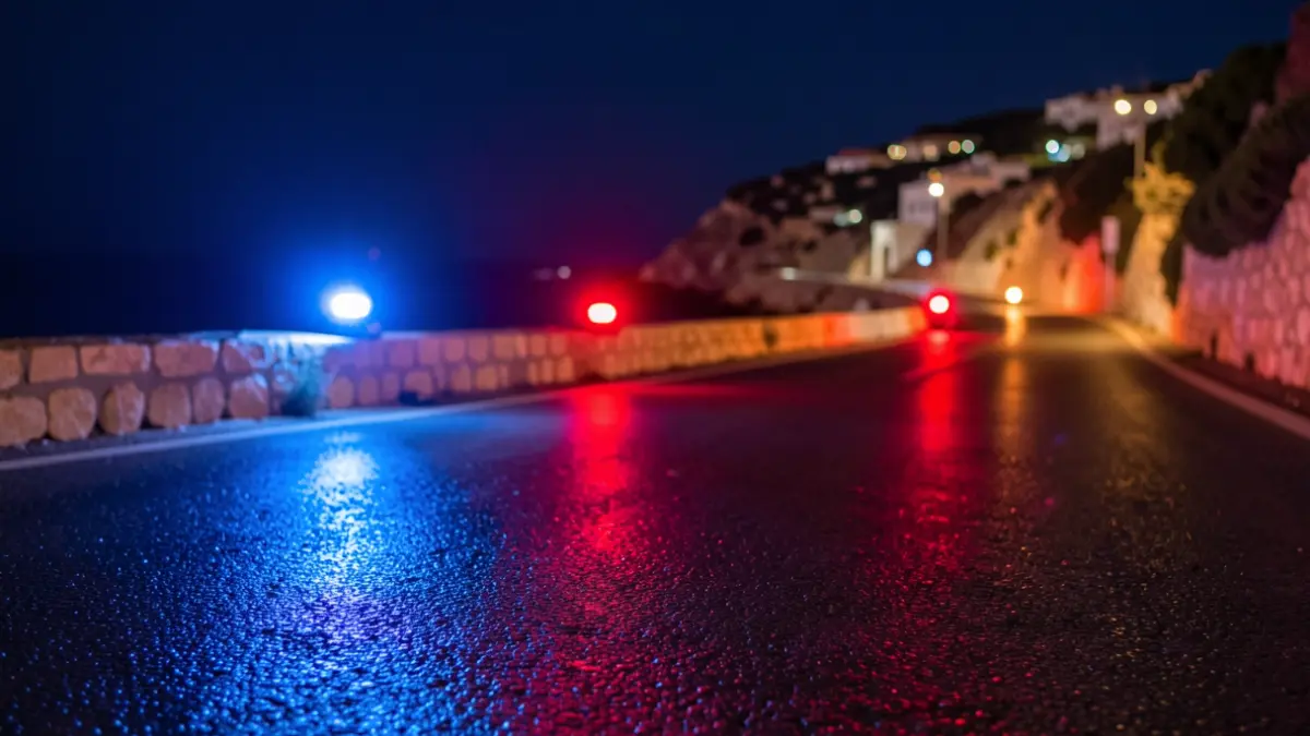Imagen genérica de luces de emergencia policiales reflejadas en asfalto mojado durante la noche.