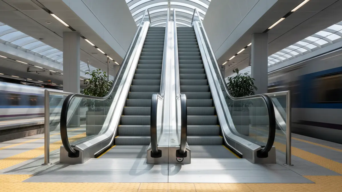 Image of a modern train station with escalators and accessibility features.