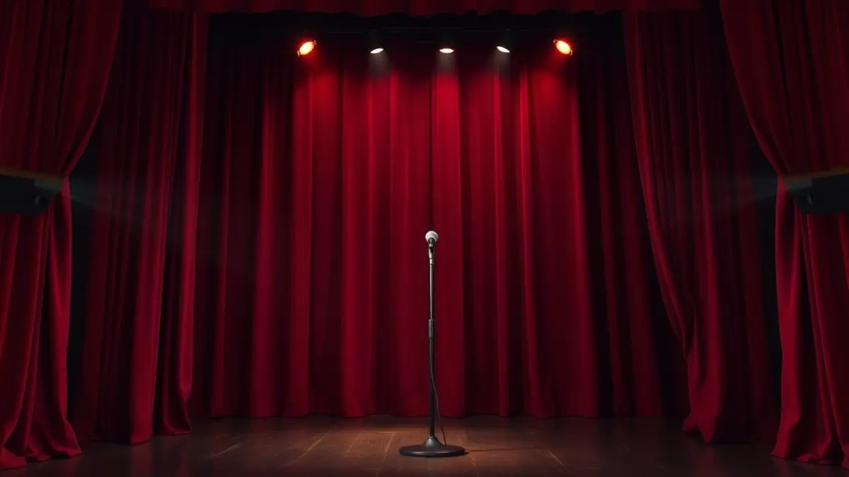 Generic image of a theater stage with red curtains and a microphone.