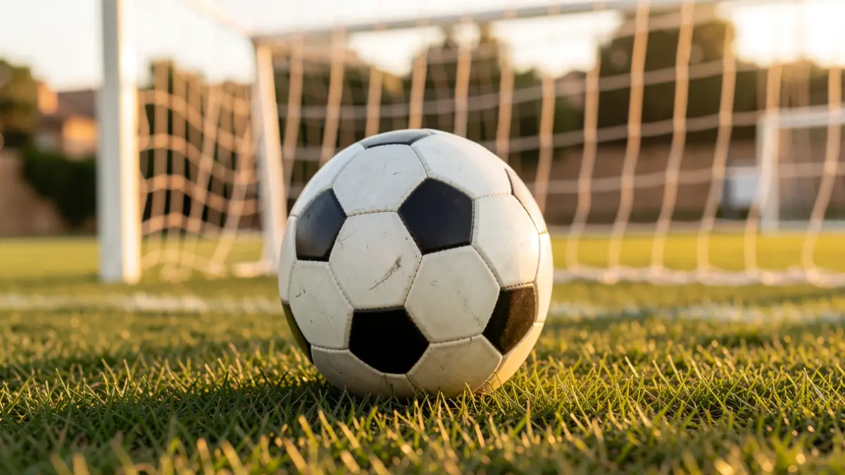 Generic image of a soccer ball on grass with the goal blurred in the background.