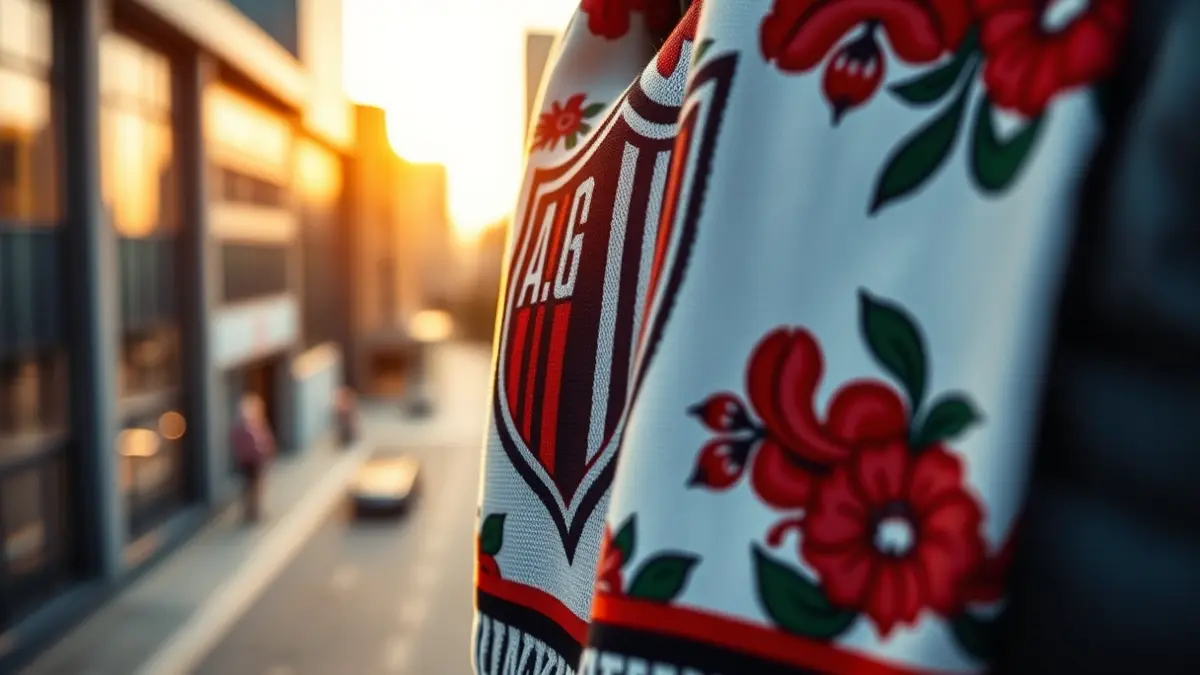 Image of a football scarf with floral motifs, part of an urban fashion collection.