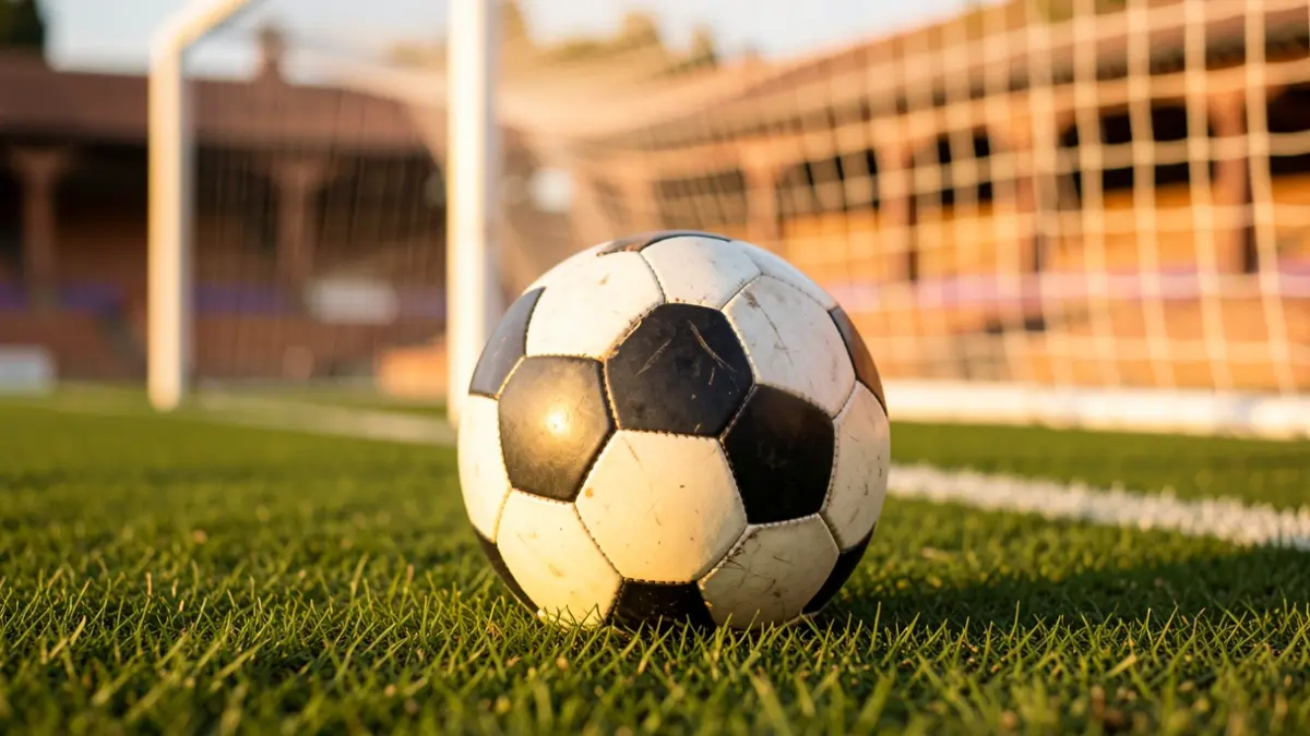Imagen genérica de un balón de fútbol sobre césped con la red de la portería desenfocada.