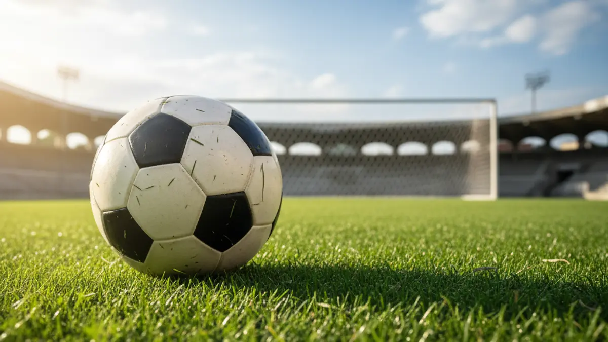 Generic image of a soccer ball on a green field, with a blurred goal in the background.