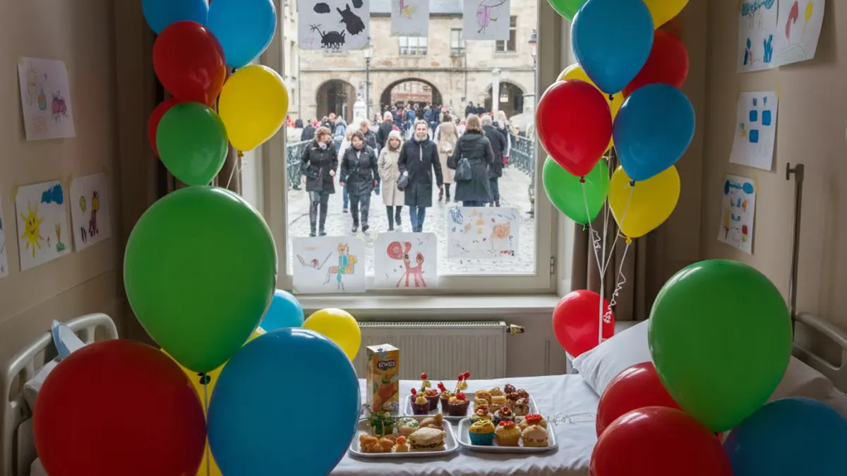 Imagen de un hospital decorado para el Día del Niño Hospitalizado con globos y dibujos.