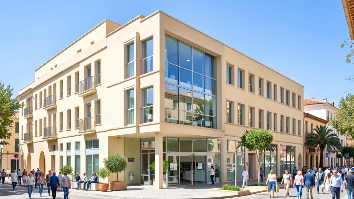 Modern facade of a hospital center in Granada.