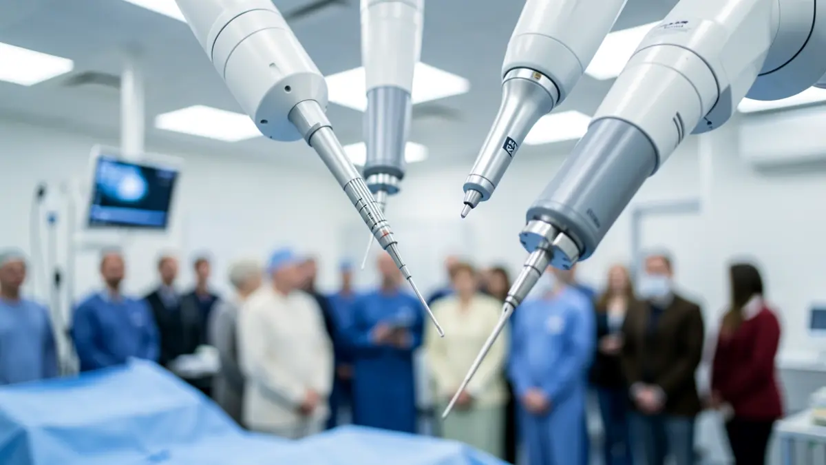 Close-up of the Da Vinci surgical robot's arms in an operating room.