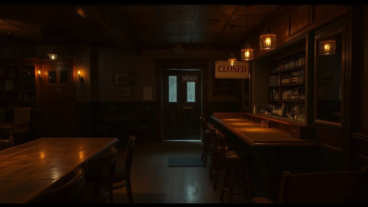 Interior de un bar vacío con un cartel de 'cerrado'