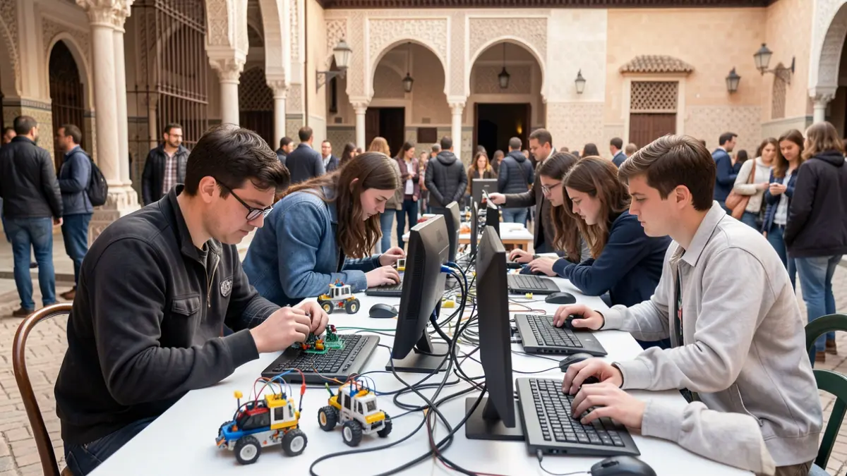 Imagen genérica de estudiantes trabajando en un proyecto de robótica con piezas de LEGO y ordenadores.