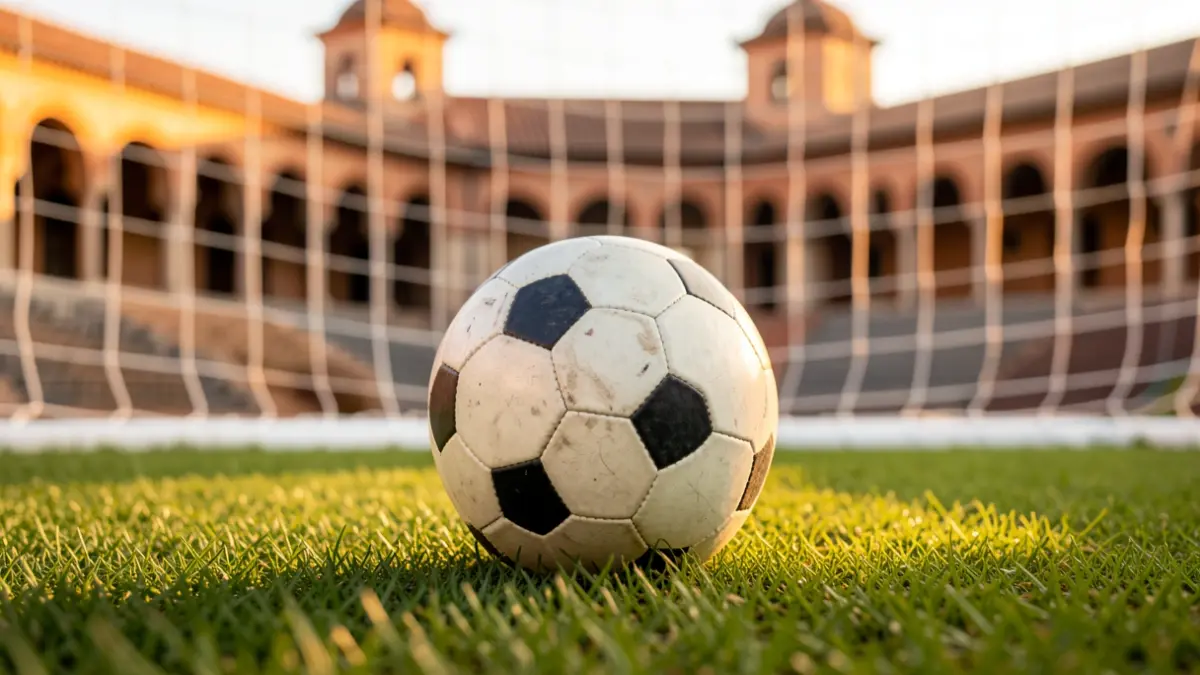 Generic image of a soccer ball on a field with the goal net blurred.