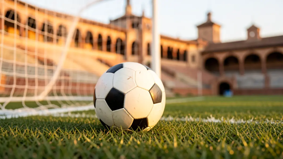 Generic image of a soccer ball on a field with the goal net blurred.