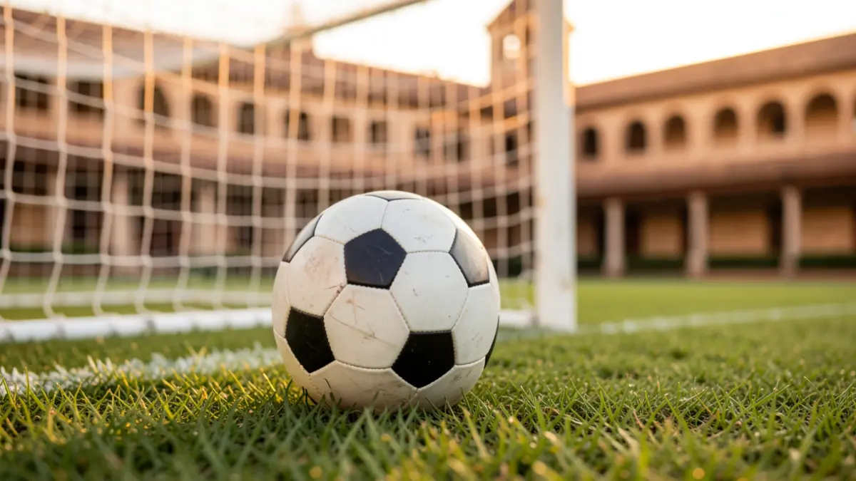 Imagen genérica de un balón de fútbol sala sobre césped con la portería desenfocada.