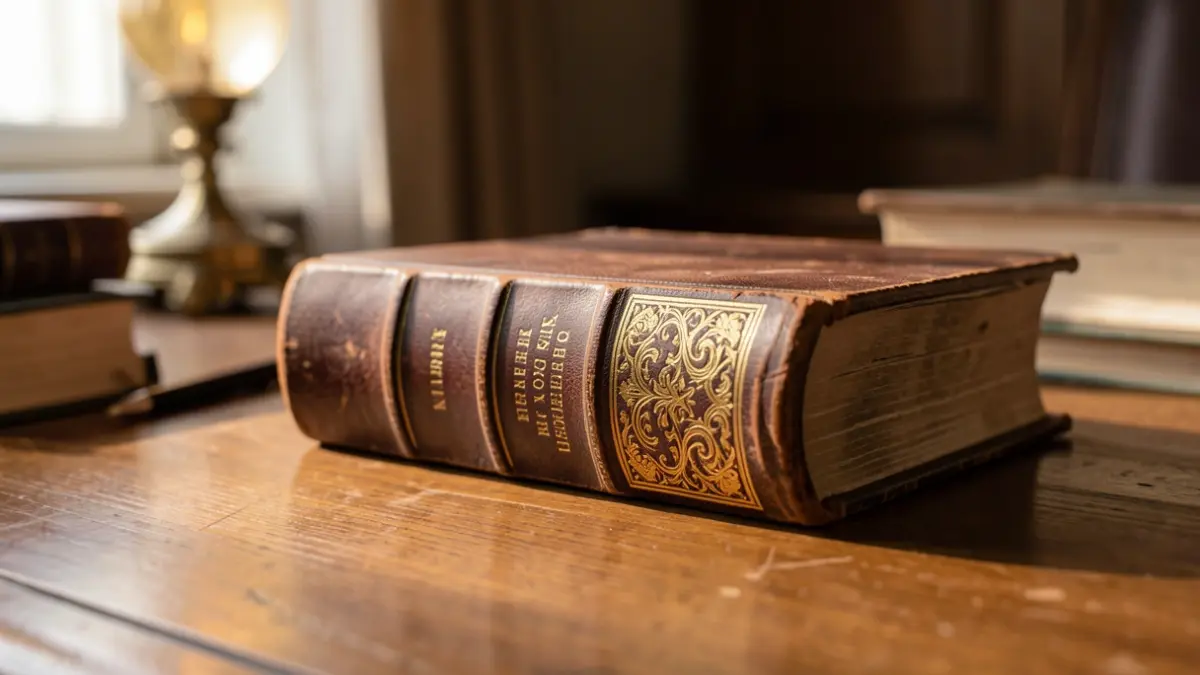 Close-up of an old, leather-bound medical book with gold lettering on the spine, on a wooden desk.