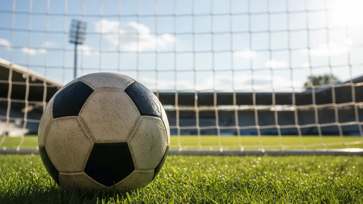 Generic image of a soccer ball on grass, with a blurred goal in the background.