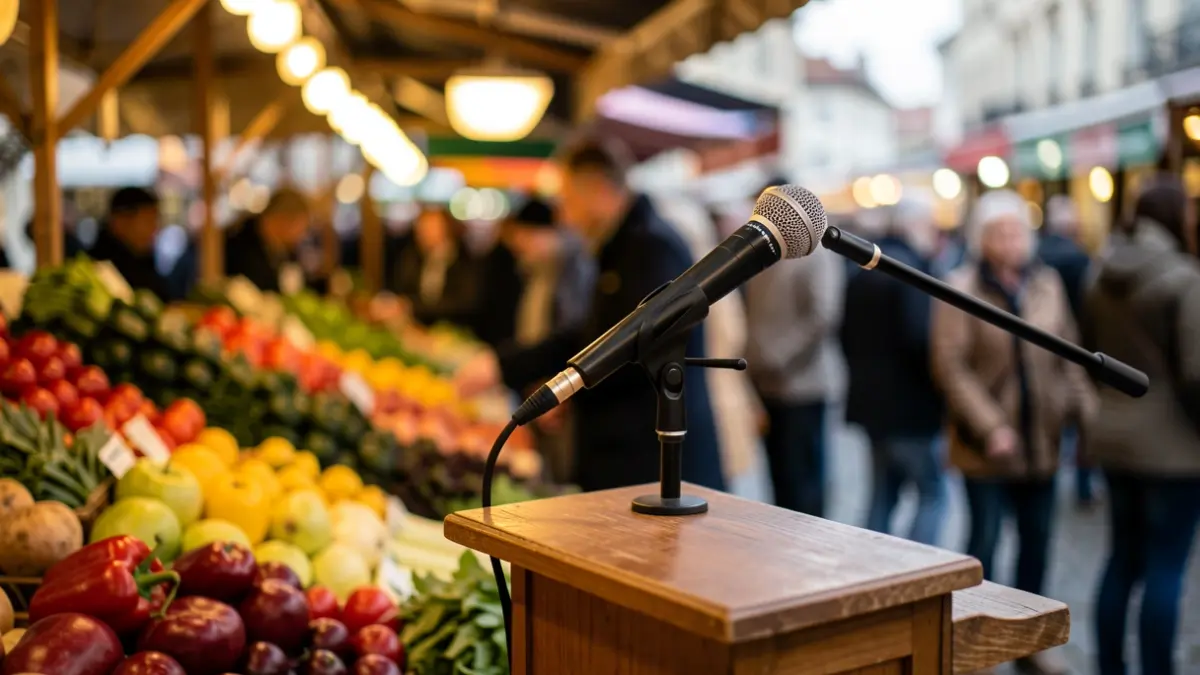 Imagen genérica de un micrófono en un puesto de mercado con productos frescos y gente comprando.