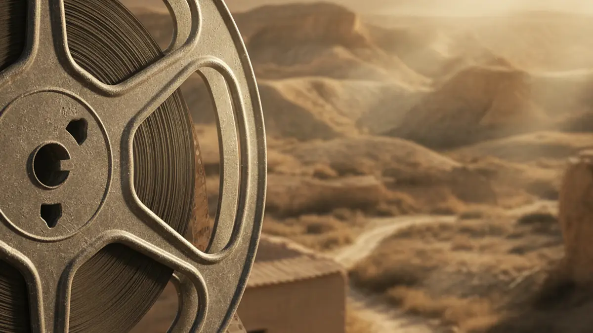 Imagen de un carrete de película con un paisaje desértico de fondo, haciendo referencia a los spaghetti western.