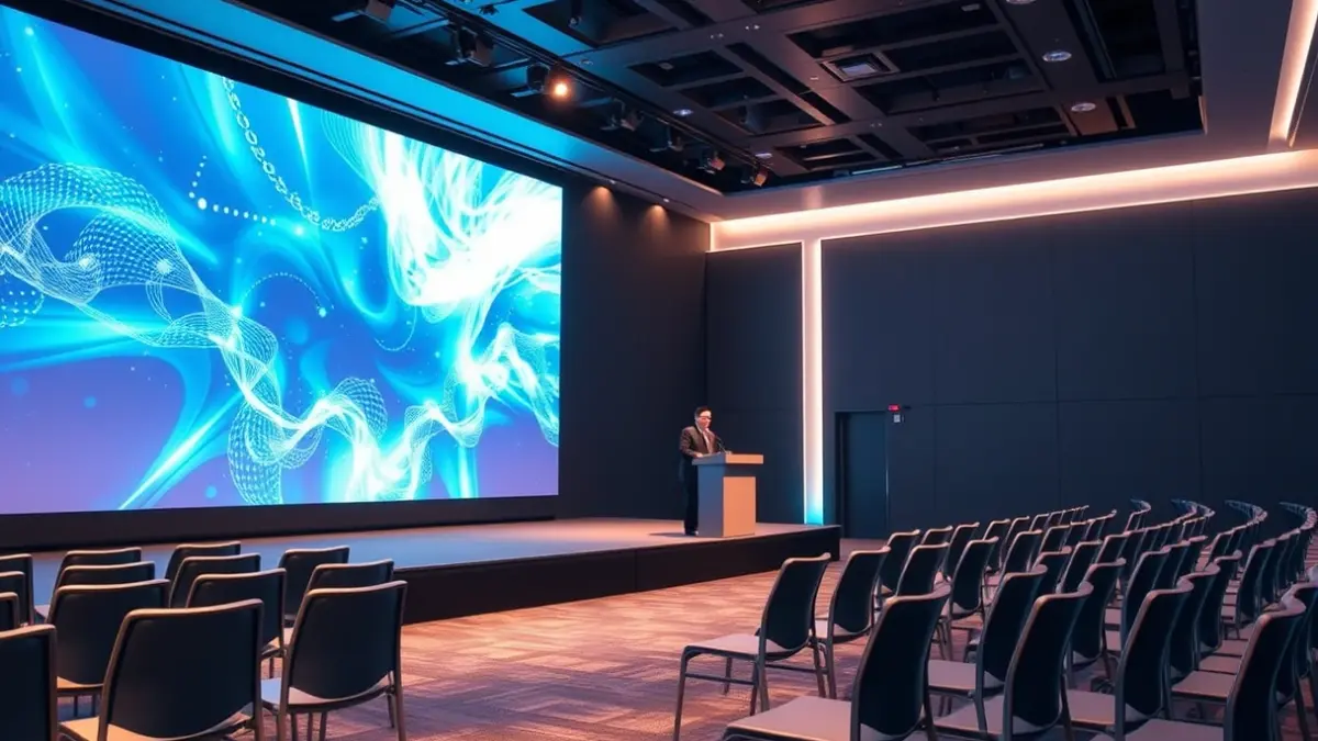 Imagen genérica de una sala de conferencias moderna con una pantalla digital y un podio.