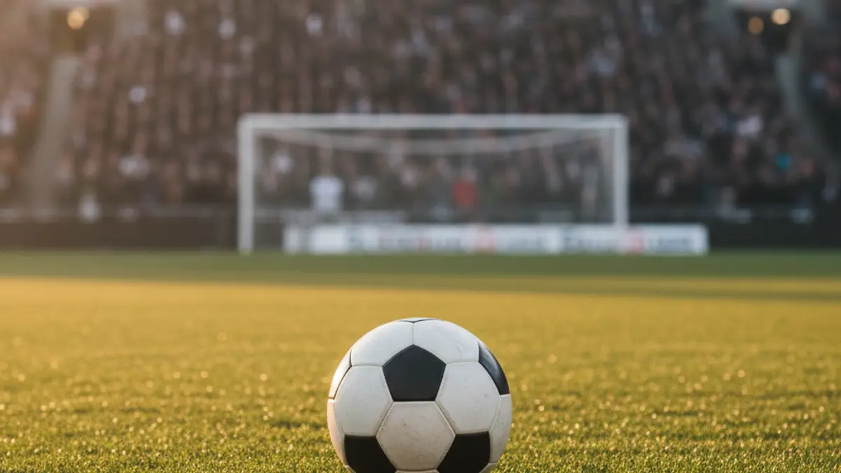Generic image of a soccer ball on grass with a goal net in the background.