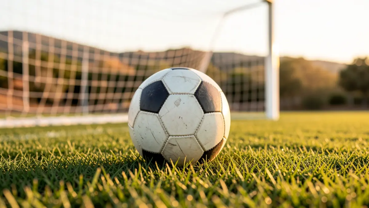 Imagen genérica de un balón de fútbol sobre césped con la portería desenfocada.
