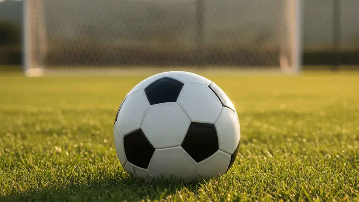 Generic image of a soccer ball on the grass with a goal net in the background.