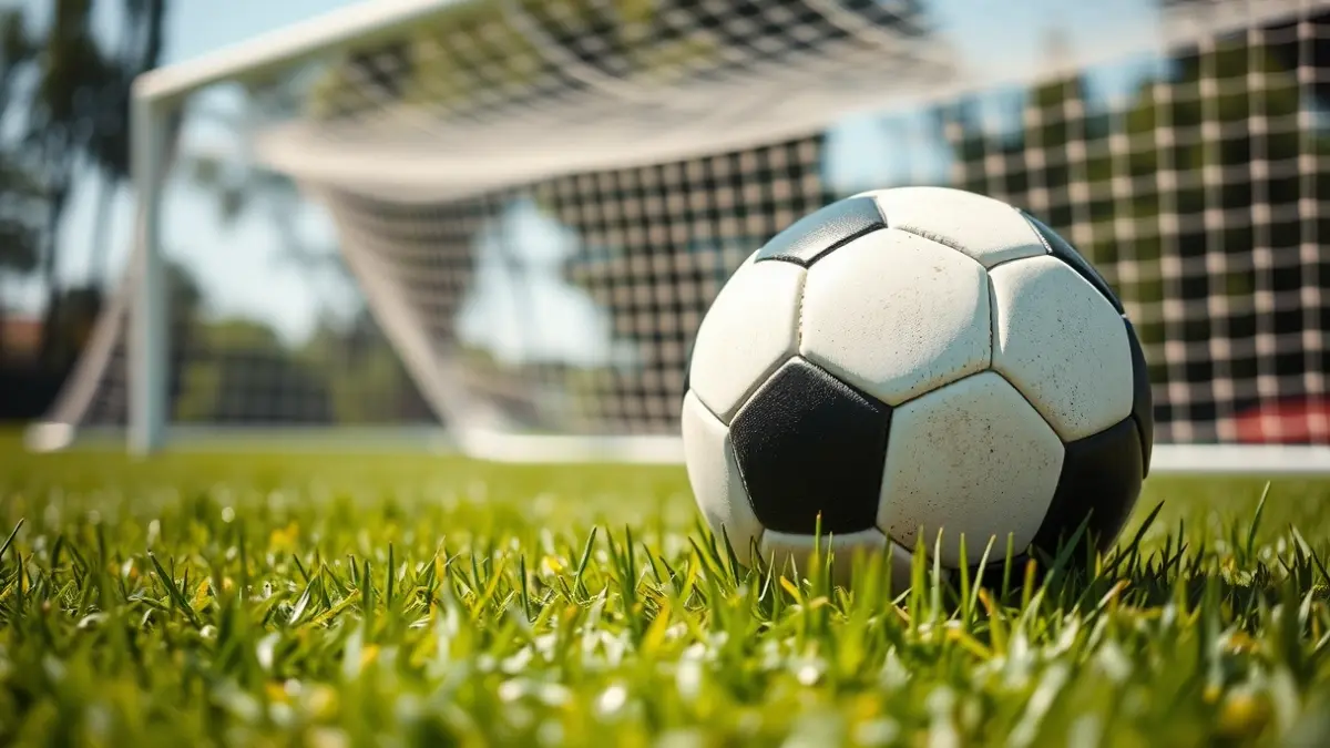 Generic image of a soccer ball on grass, with a blurred goal in the background.