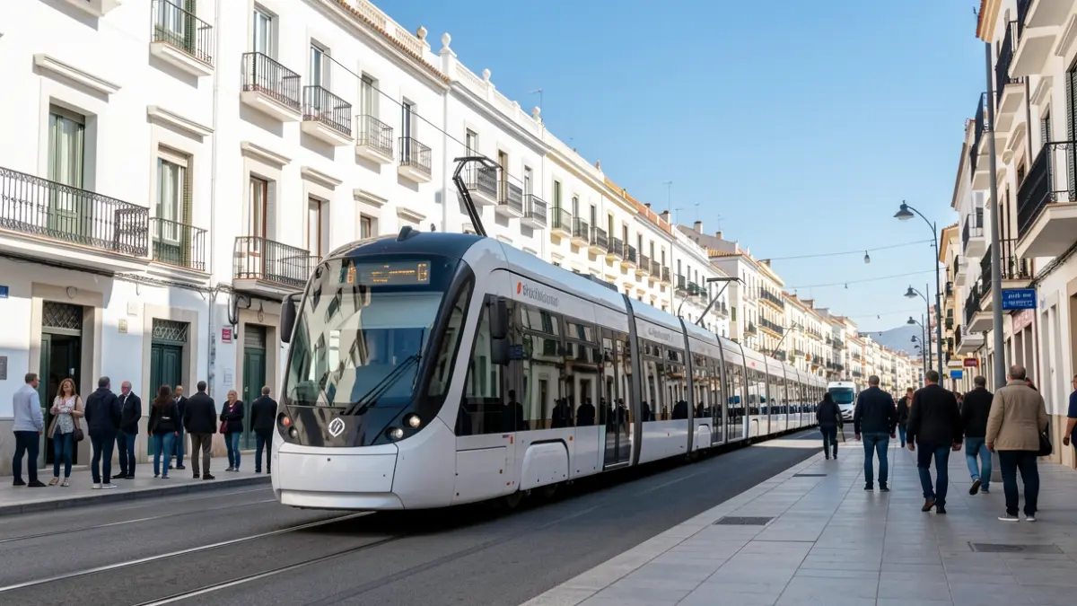 Imagen de un tren del Metro de Málaga circulando por la ciudad.