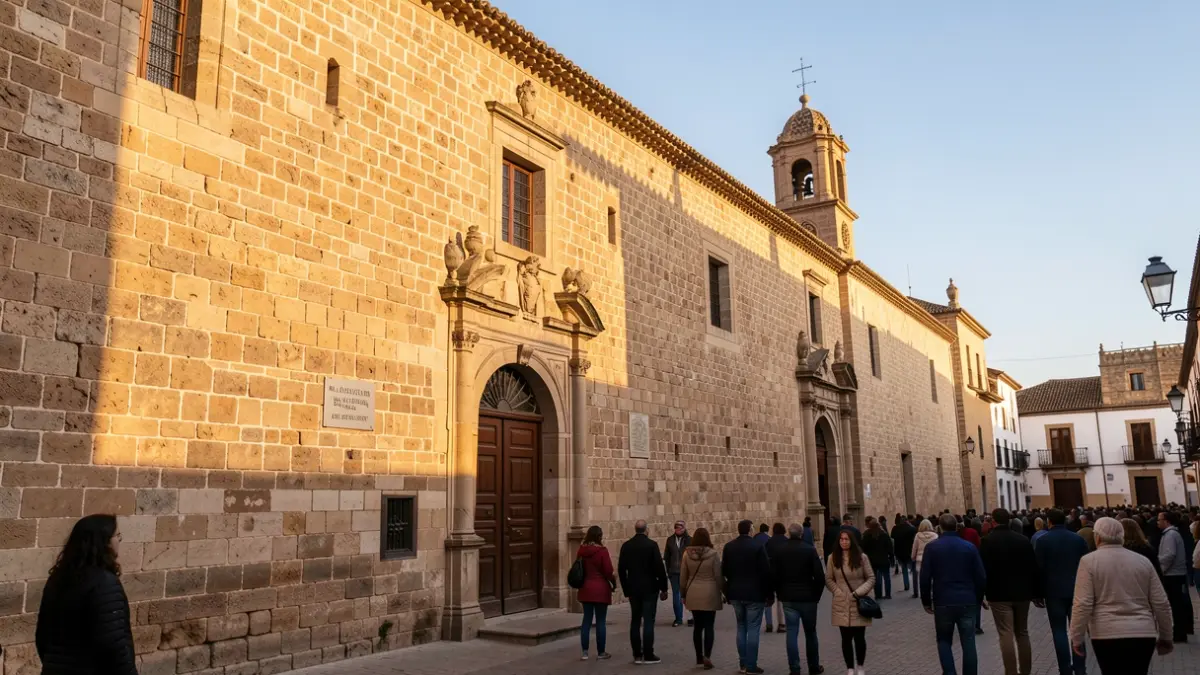 Facade of the old San Sebastián Hospital and Church in Écija, Andalusia, with stone walls and afternoon light.