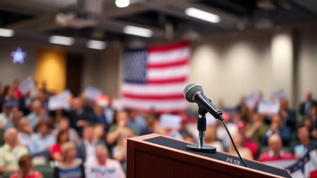 Generic image of a microphone on a podium during a political event.