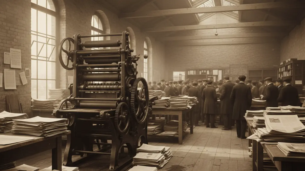 Generic image of an old printing press with stacked newspapers.