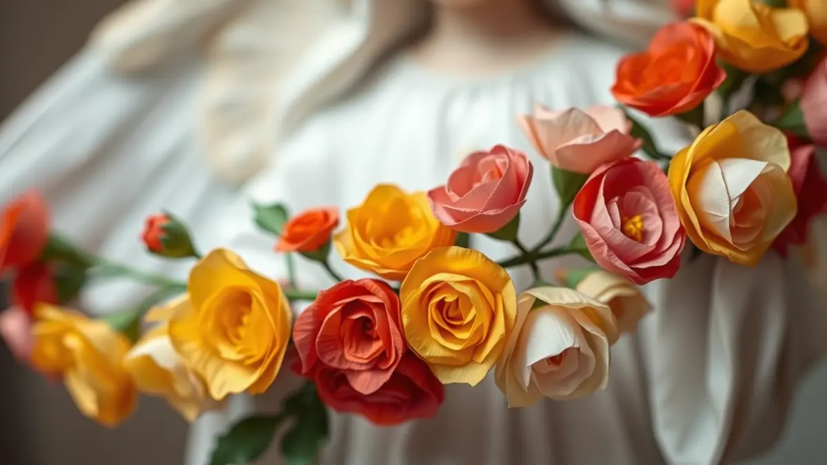 Guirnalda de flores de papel crepé de varios colores, sostenida por una figura angelical borrosa.