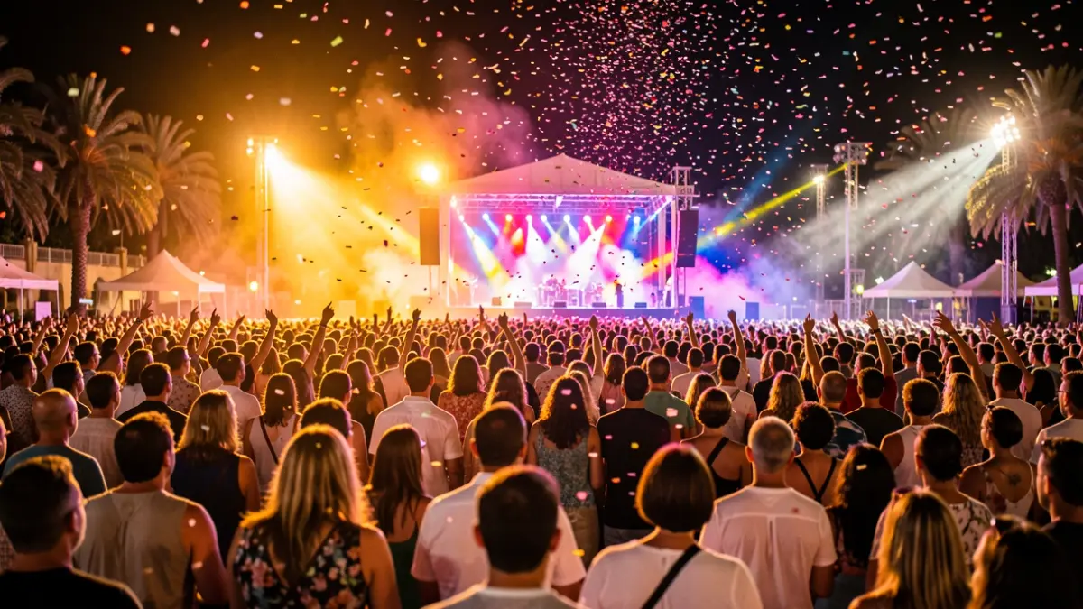 Imagen genérica de un festival de música en Andalucía por la noche, con luces de escenario y público.