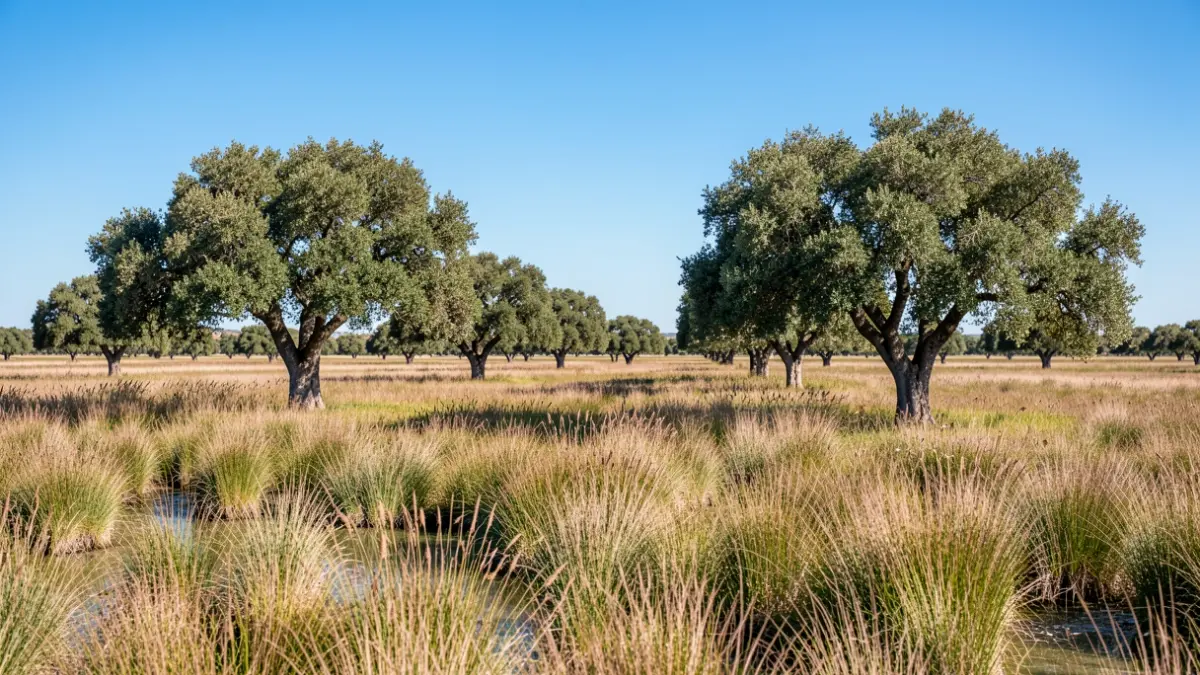 Paisaje de marismas andaluzas con alcornoques y juncos.