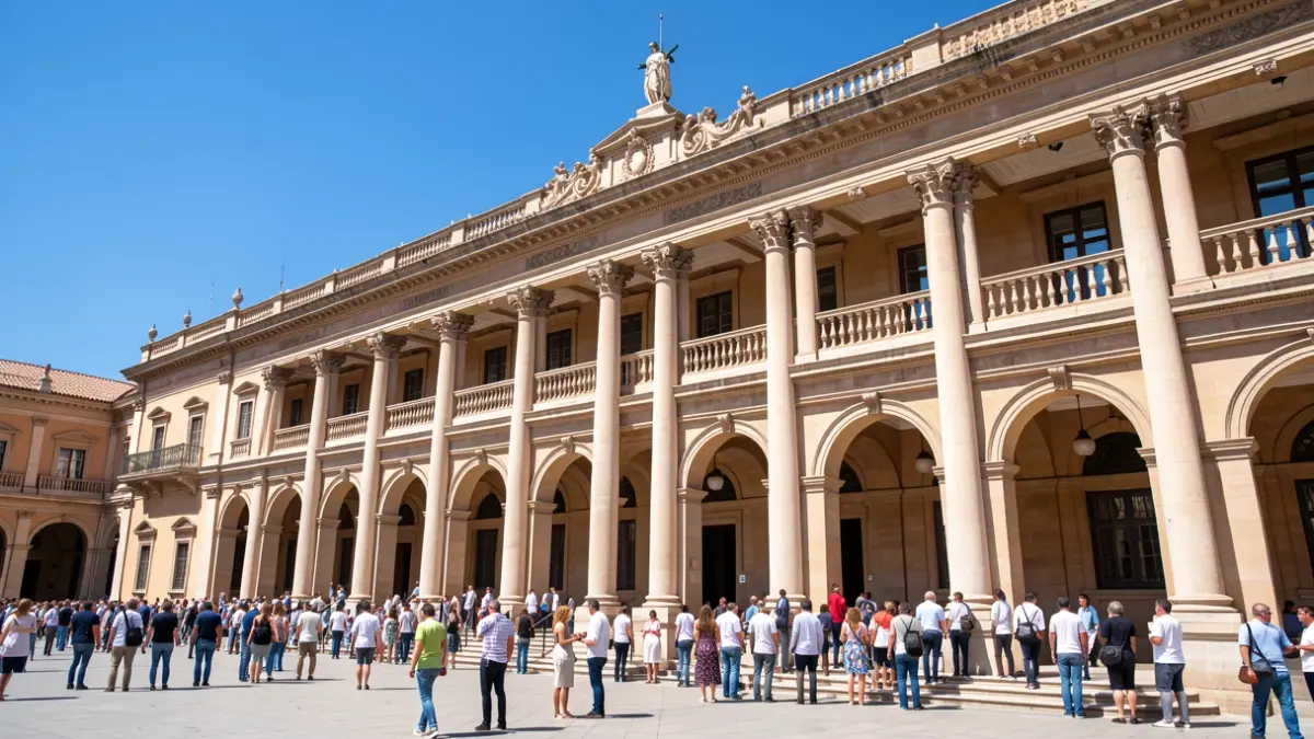Fachada del Parlamento de Andalucía con columnas y arcos, bajo el sol del mediodía.