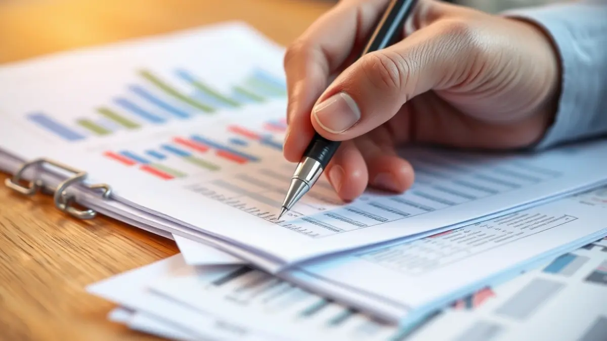 Generic image of economic documents and charts, with a hand holding a pen.