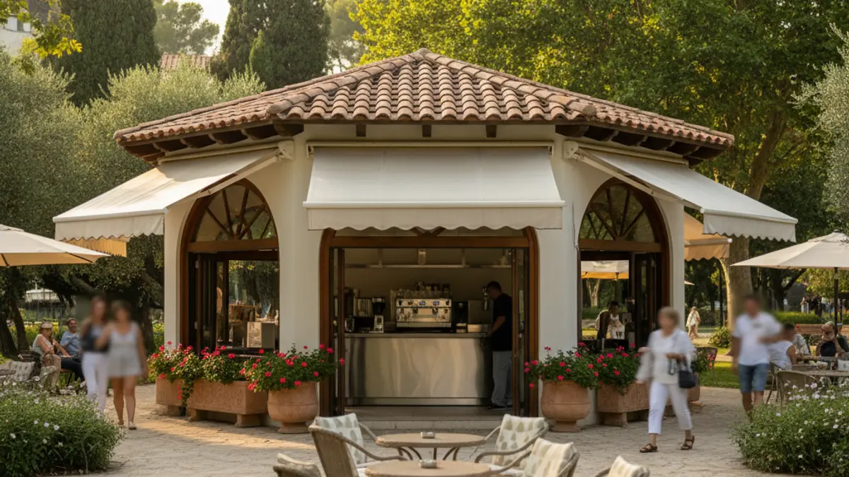 Imagen de un quiosco cafetería en un parque público.