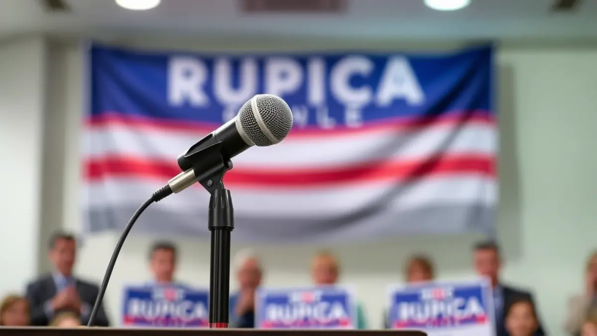 Generic image of a microphone on a podium during a political event.