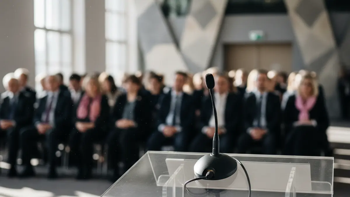 Generic image of a microphone on a podium during a political event.