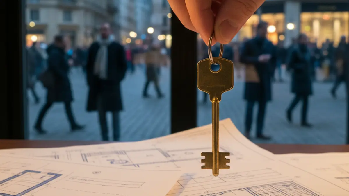 Generic image of a hand holding a house key with construction plans in the background.