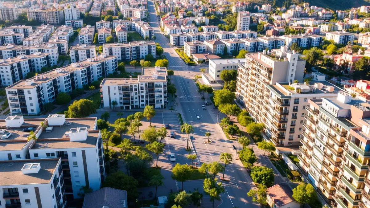 Image of a modern urban neighborhood with residential buildings and green areas.
