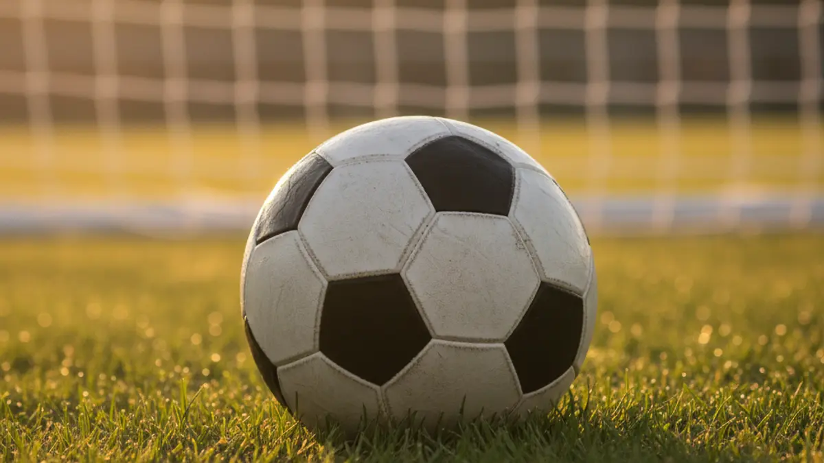 Generic image of a soccer ball on a green field, with a blurred goal net in the background.